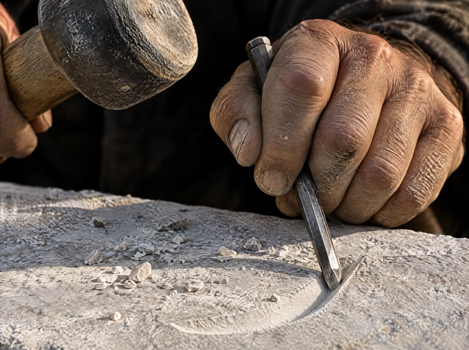 Hand eines Steinmetzen mit Schriftmeißel und Fäustel über hellem Kalkstein