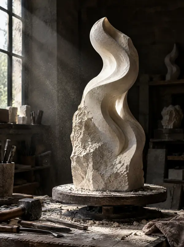Unfertige Skulptur aus hellem Kalkstein in einer Werkstatt